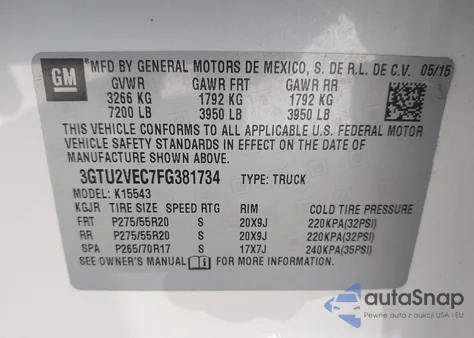 2015 GMC Sierra 1500 Slt from USA, damaged, VIN 3GTU2VEC7FG381734